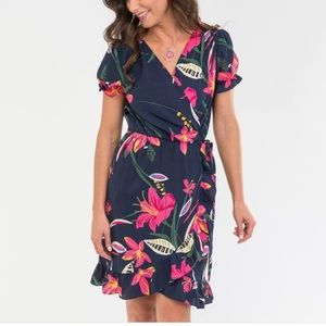 Tropical Wrap Dress With Puff Sleeves